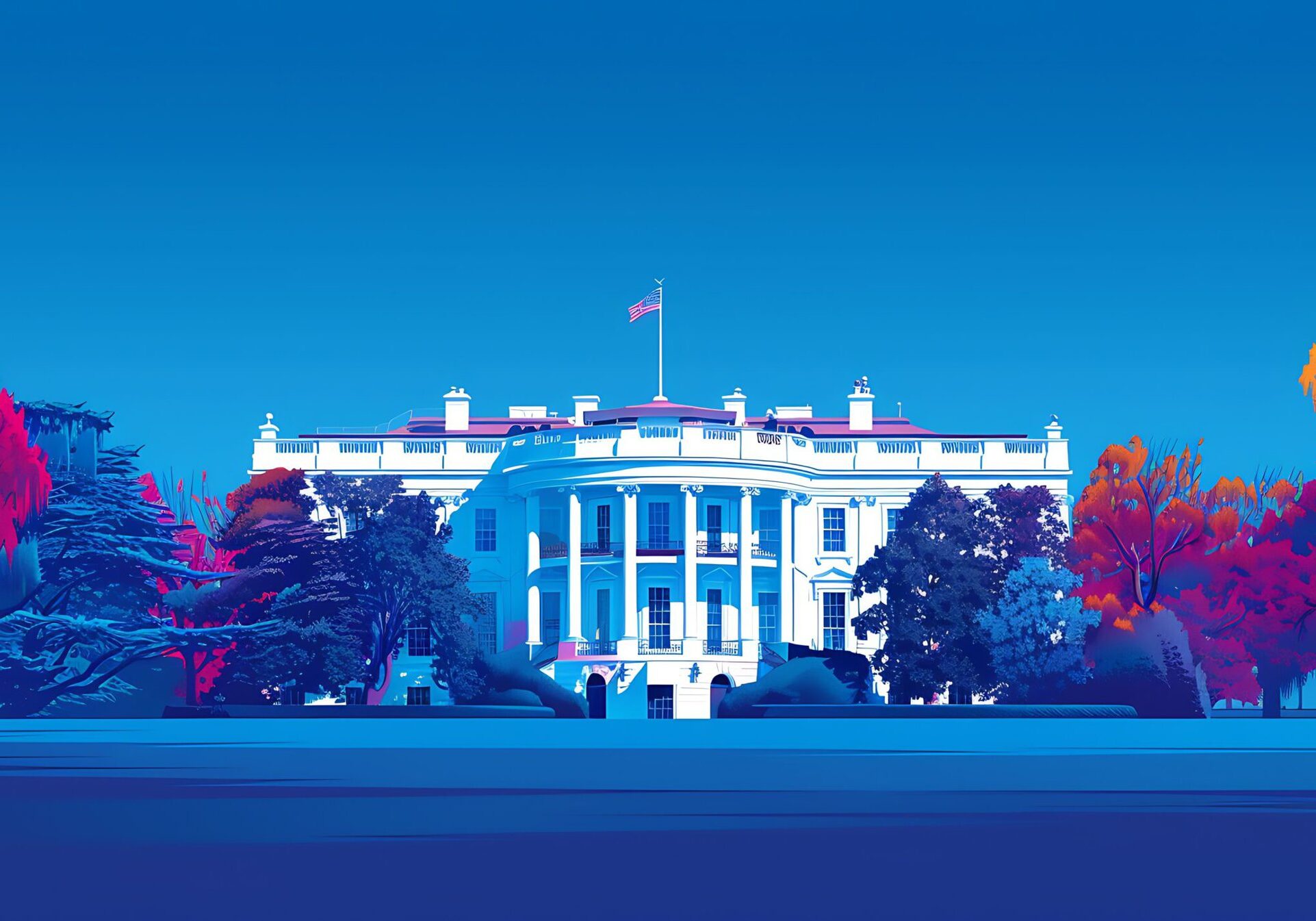 A bold vector design of the White House with a voter icon in the foreground.